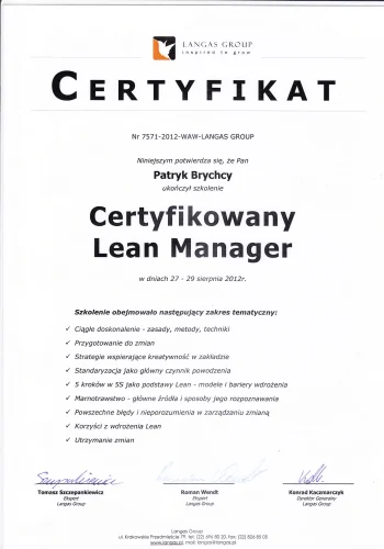 Certyfikat Lean Manager